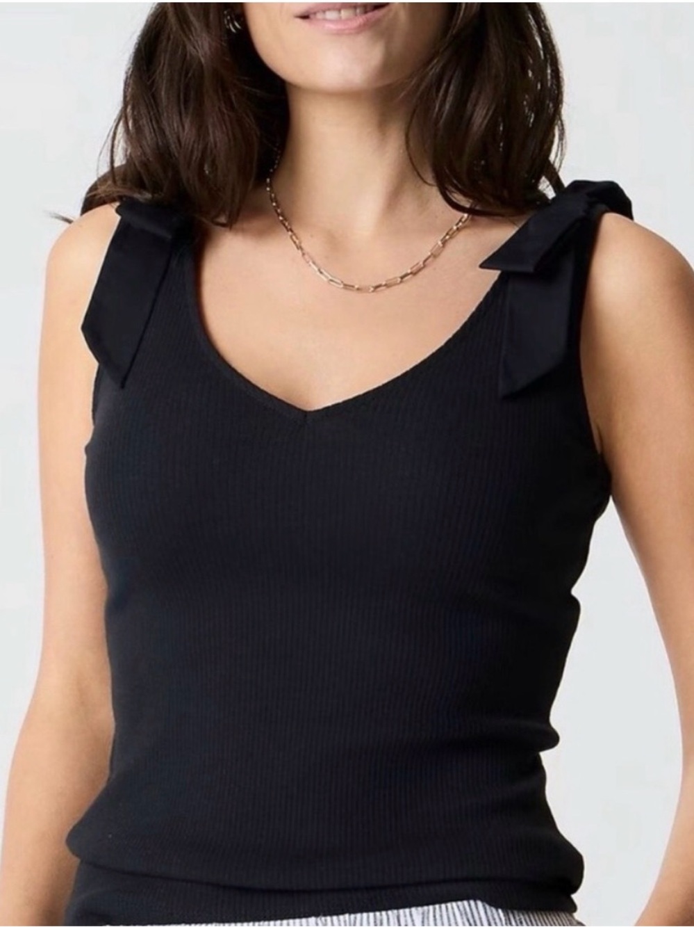 ✨J. Crew Factory Black Bow Shoulder Ribbed Tank Top S Coquette Feminine VNeck